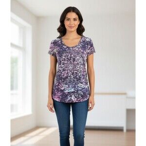 IMAGINARY VOYAGE Purple Distressed Short Sleeve Tee Shirt‎ T-Shirt Women's L